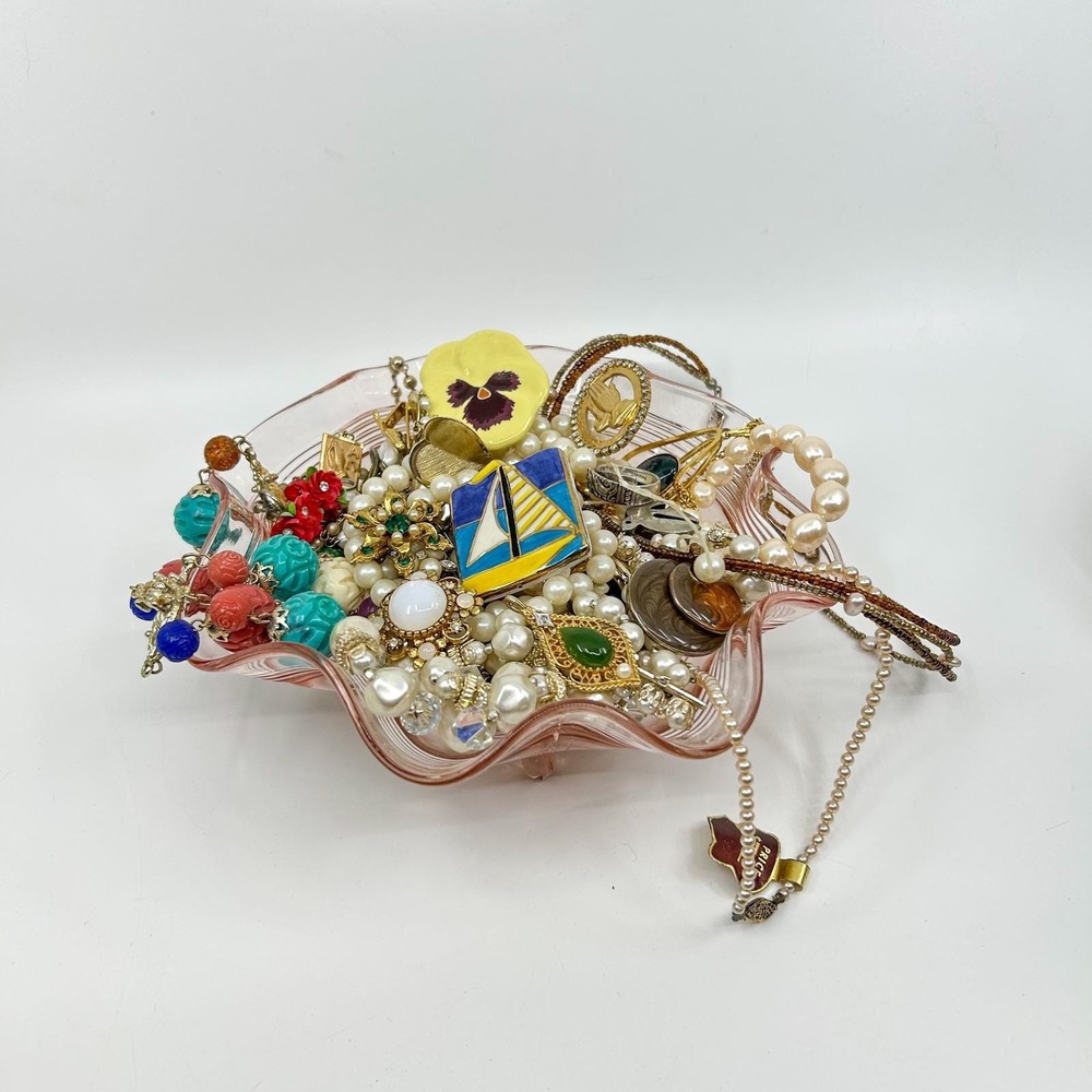 Vintage Jewelry Jar Good to Craft Mixed Lot In Depression Glass Dish Jewelry Lot